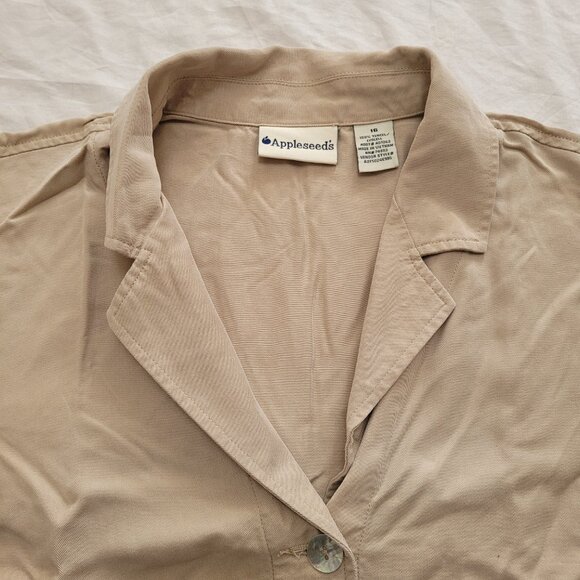 Appleseeds Tencel Beige Blazer Jacket Iridescent Buttons Patch Pockets Collar - Picture 3 of 13